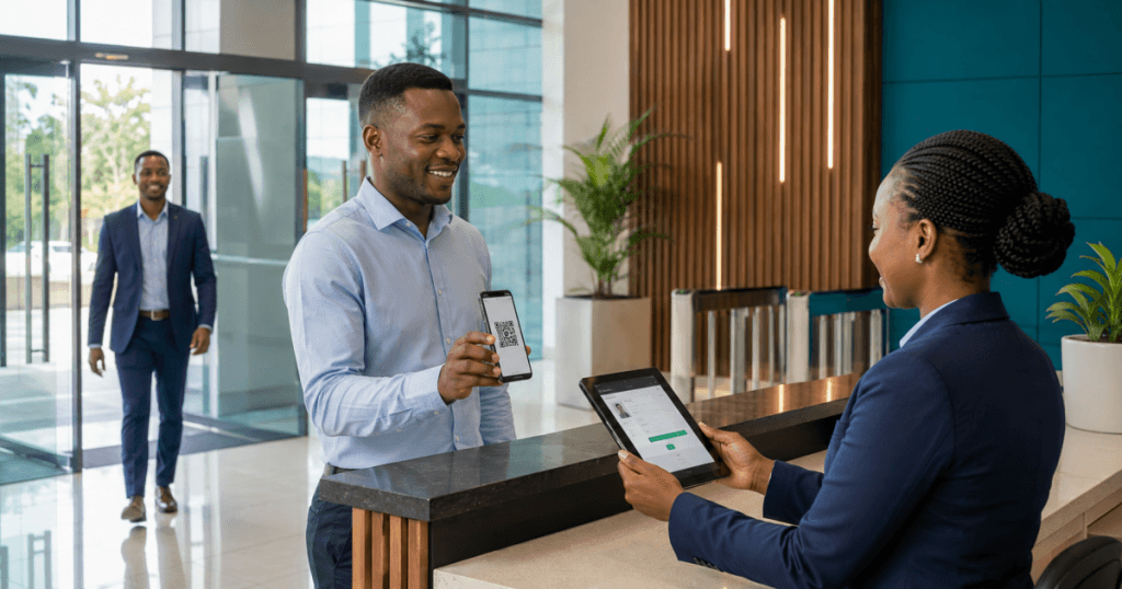 Visitor Management System Kenya digital check-in at a modern office reception