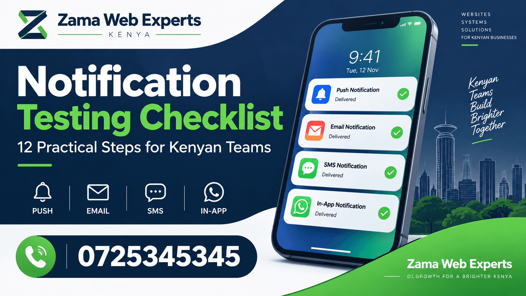 Notification testing checklist with Zama Web Experts; call 0725345345